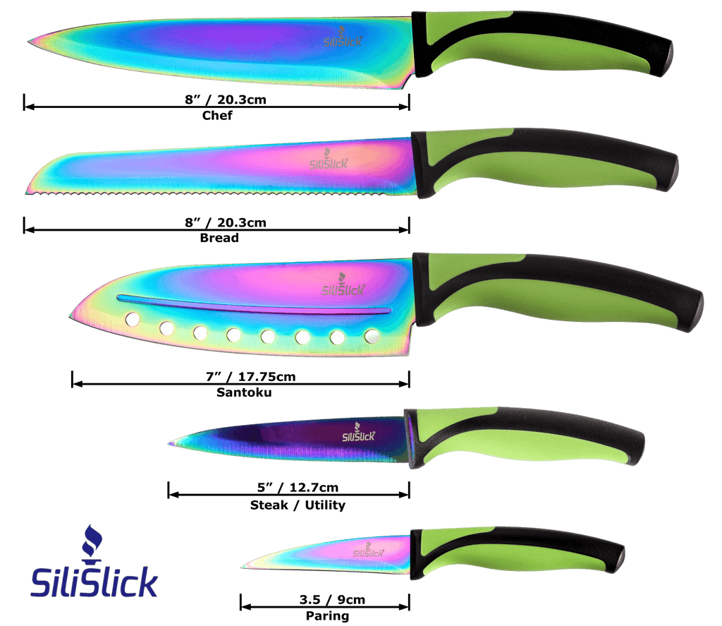 Kitchen Knife Set Kit | Green Handle & Red Magnetic Rack