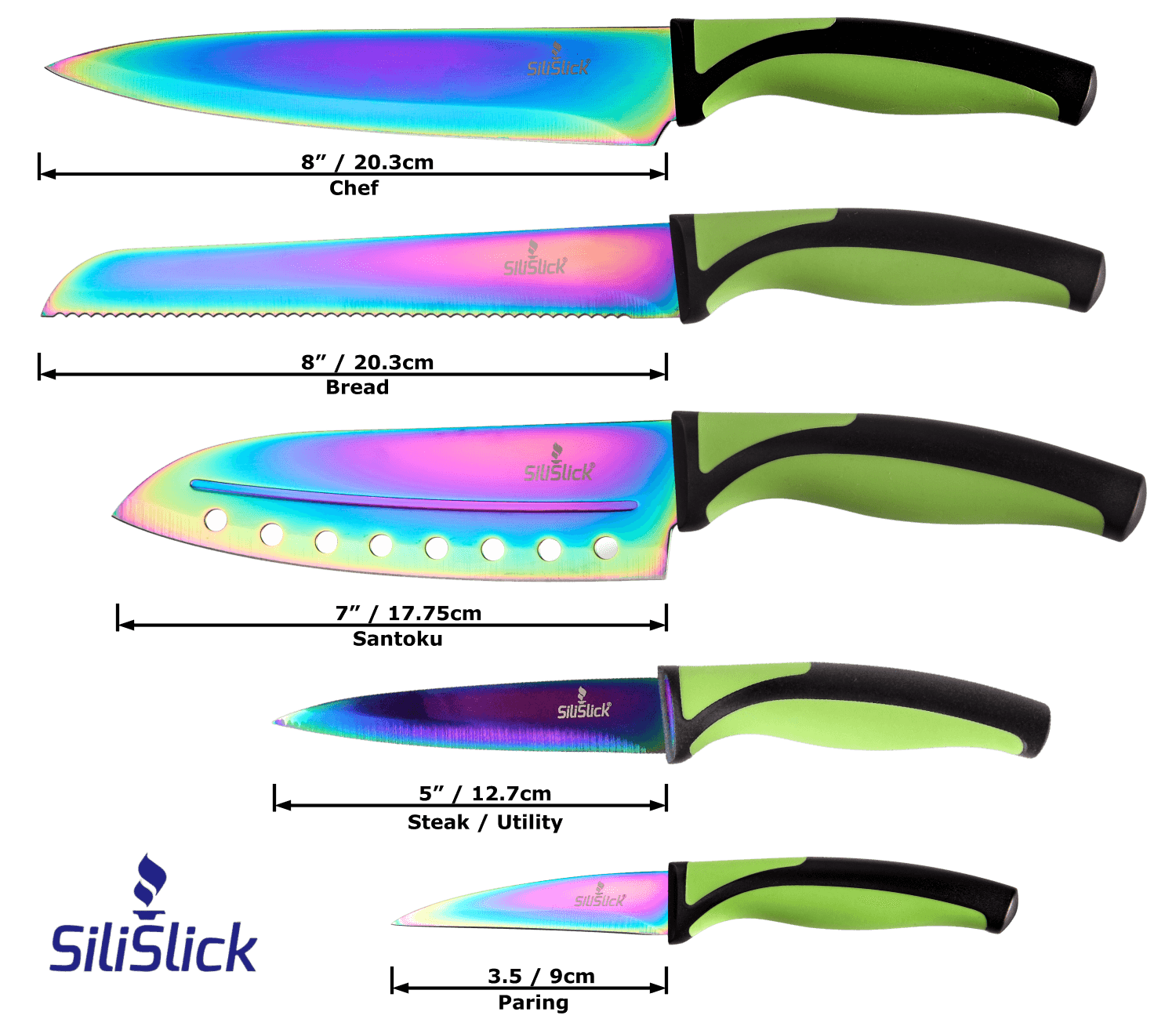 Kitchen Knife Set Kit | Green Handle & Red Magnetic Rack