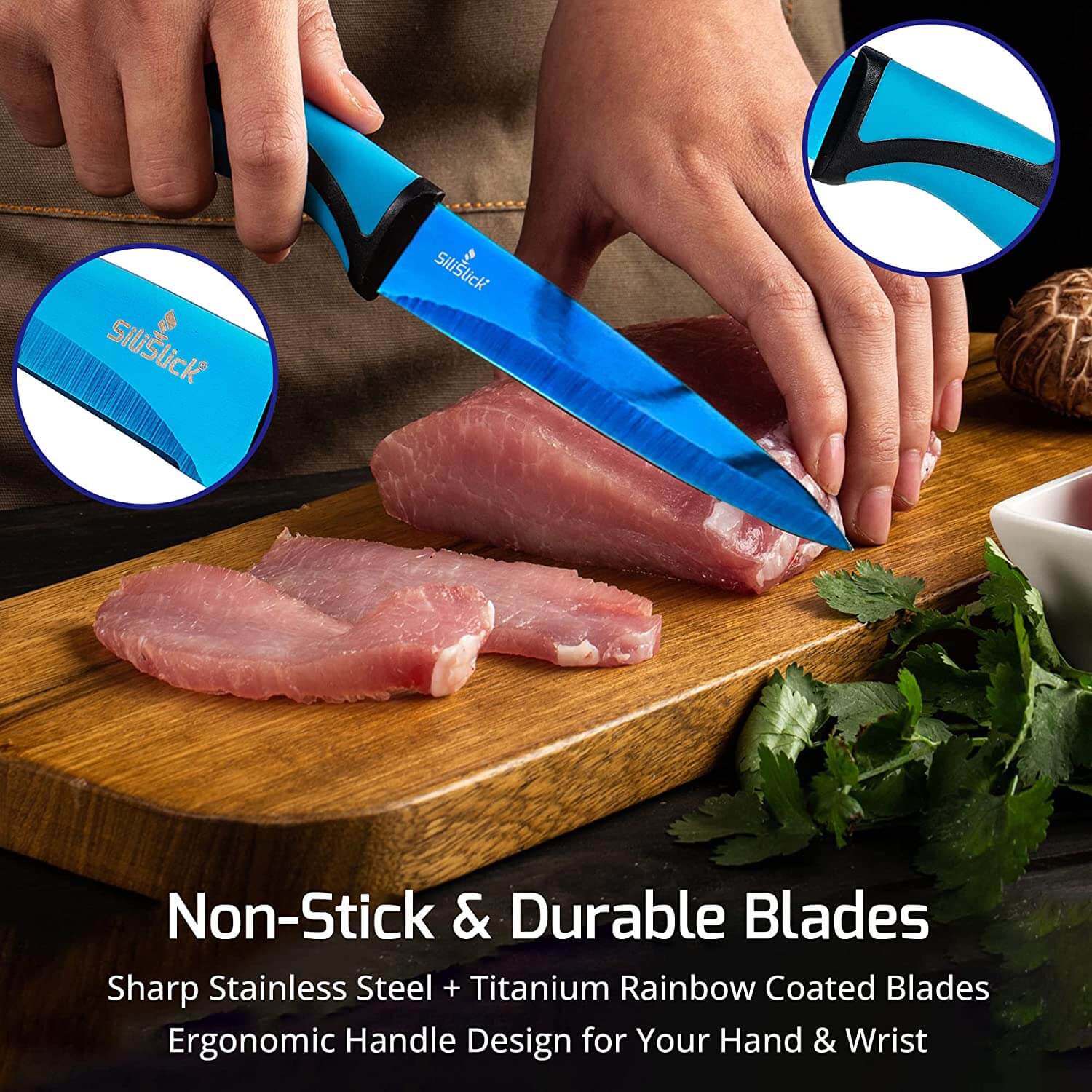 Steak Knife Set 4 Titanium Coated Blue Handle, Blue Blade