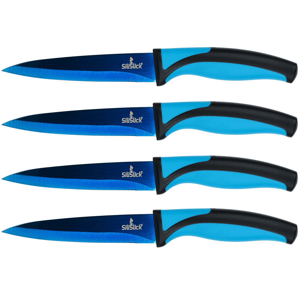 Steak Knife Set 4 Titanium Coated Blue Handle, Blue Blade