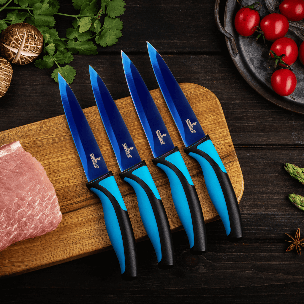 Steak Knife Set 4 Titanium Coated Blue Handle, Blue Blade
