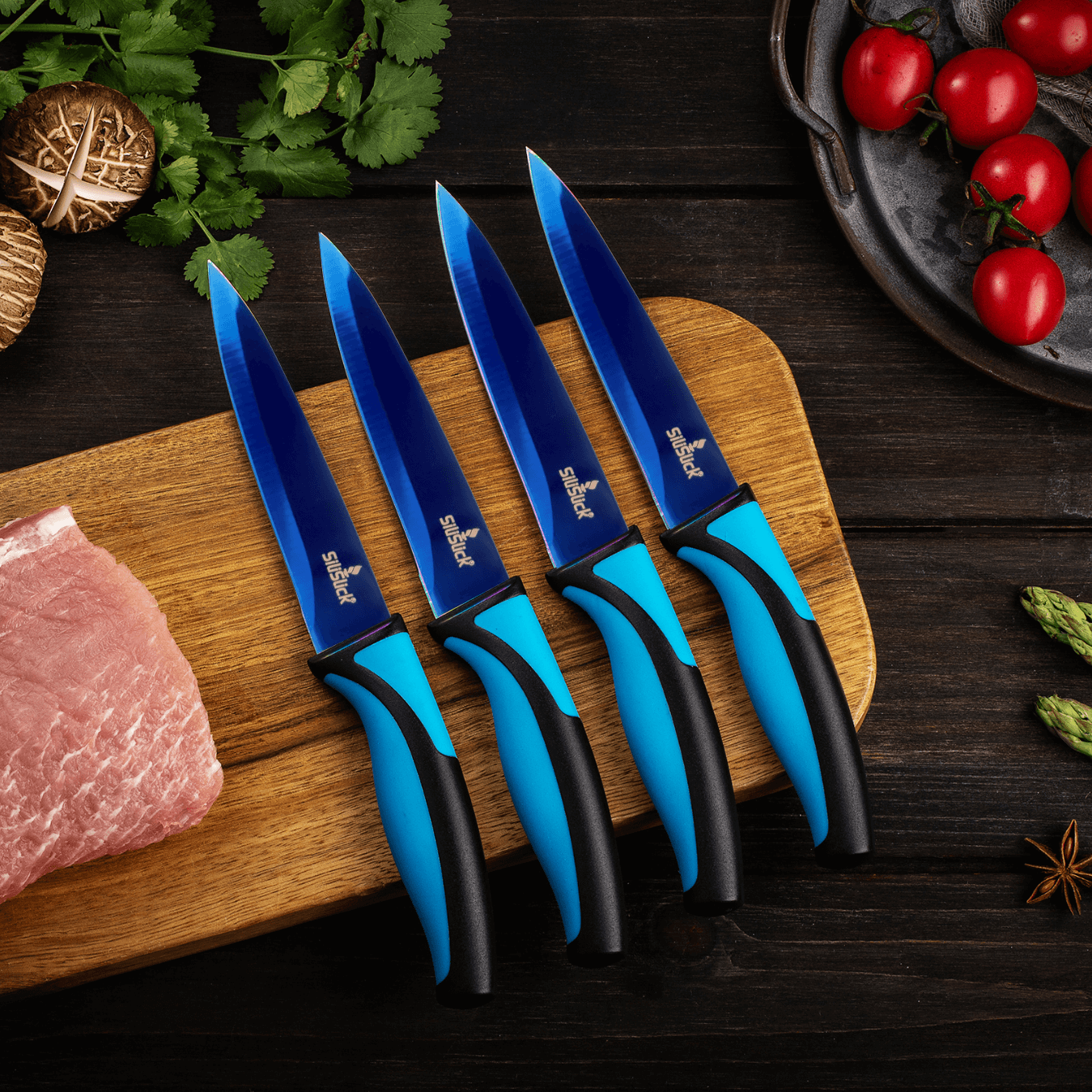 Steak Knife Set 4 Titanium Coated Blue Handle, Blue Blade